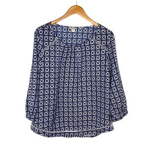 J Crew Geometric Blouse Medium Navy Blue White